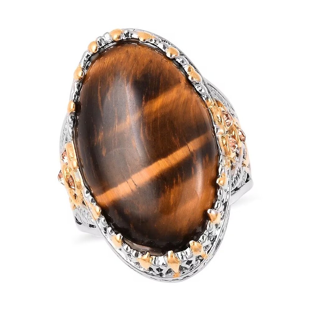 Tiger's Eye and Champagne Austrian Crystal Ring Plated YG & Stainless Steel S-8